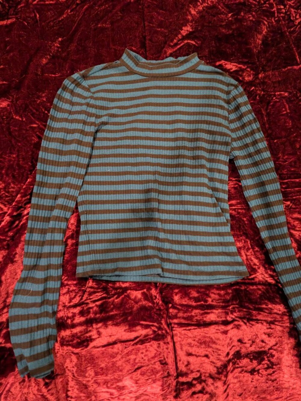 Y2K Blue Brown Striped Ribbed Mock Neck Long Sleeve Top